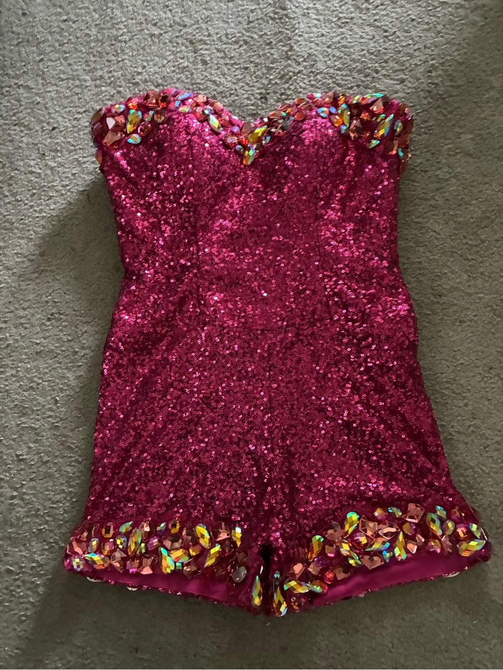 Stunning Hot Pink Sequin Strapless Romper w/Jewel Trim by Claudine-size 0 mint!